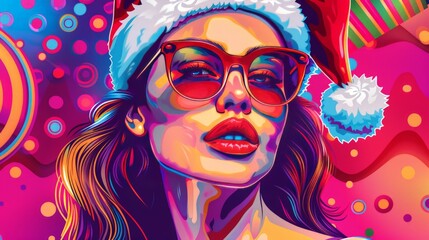 pop art vector illustration of female wearing a santa hat and sunglasses