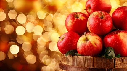  a wooden basket filled with red apples on top of a wooden table next to a gold and red boke.