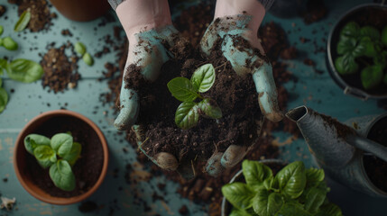 Hands hold a potted seedling with care amidst a setting of garden supplies.