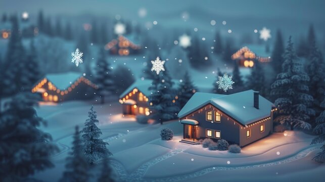 christmas scene, Illustration with snowflakes and houses with roofs covered with snow