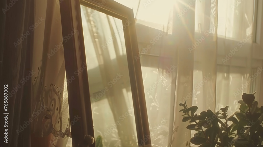 Poster a potted plant sitting in front of a window next to a window with sheer curtains on the outside of i