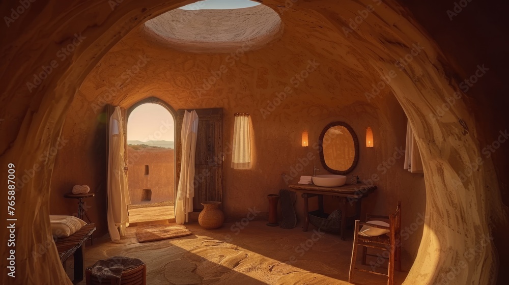 Poster a room with a round window and a door leading to another room with a sink and a mirror on the wall.