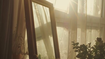  a potted plant sitting in front of a window next to a window with sheer curtains on the outside of it. - obrazy, fototapety, plakaty