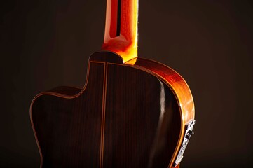 Classical Spanish flamenco guitar close up, dramatically lit isolated on black background with copy...