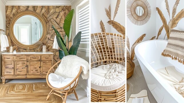  a collage of photos of a bathroom with a tub, sink, mirror, and a wicker chair.
