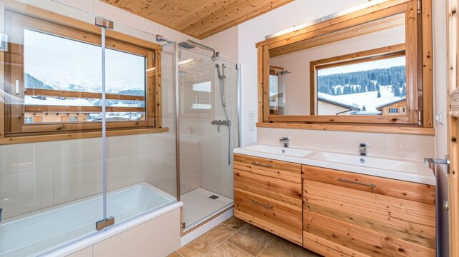  a bathroom with a sink, mirror, and bathtub in the middle of a wood - paneled room.