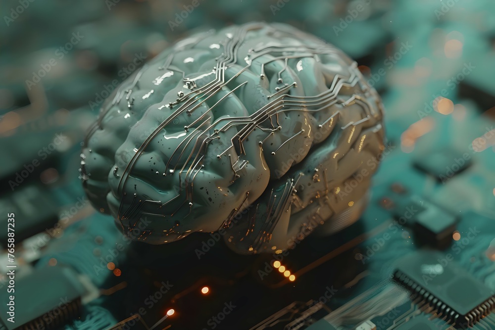 Poster closeup of a human brain with a neural network printed circuit symbolizing intelligent thinking and 