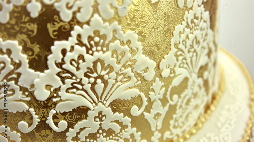 Poster a close up of a gold and white cake with a fancy design on the top of the cake and the frosting on t