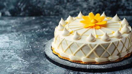  a cake with white icing and a yellow flower on top on a black platter on a gray surface.