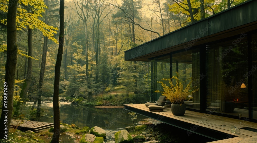 Poster a house in the middle of a forest with a lake in the foreground and a dock in the foreground.