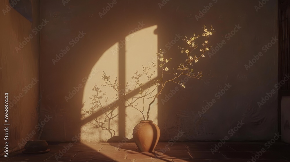 Poster a vase sitting on a tile floor in front of a wall with a shadow of a tree in the corner.