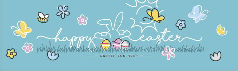 Fototapeta na wymiar Easter egg hunt we wish you a holy and blessed Easter handwritten typography lettering art line design of Easter bunny, colorful eggs, flowers, butterflies in grass spring sea green background