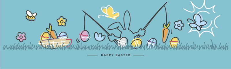 Easter egg hunt handwritten bunny fisherman and eggs, flowers, grass, butterflies, carrot, egg basket, bee, sun on sea green background drawing in line design - obrazy, fototapety, plakaty