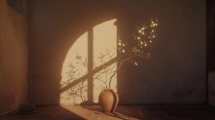  a vase sitting on a tile floor in front of a wall with a shadow of a tree in the corner.