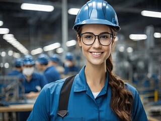 A young smiling female technician in a blue uniform, safety glasses and a helmet is working in a modern factory.