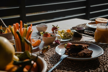 Colorful Vegan Breakfast: A Spread of Kiwi, Strawberries, Raspberries, Oranges, Tangerines,...