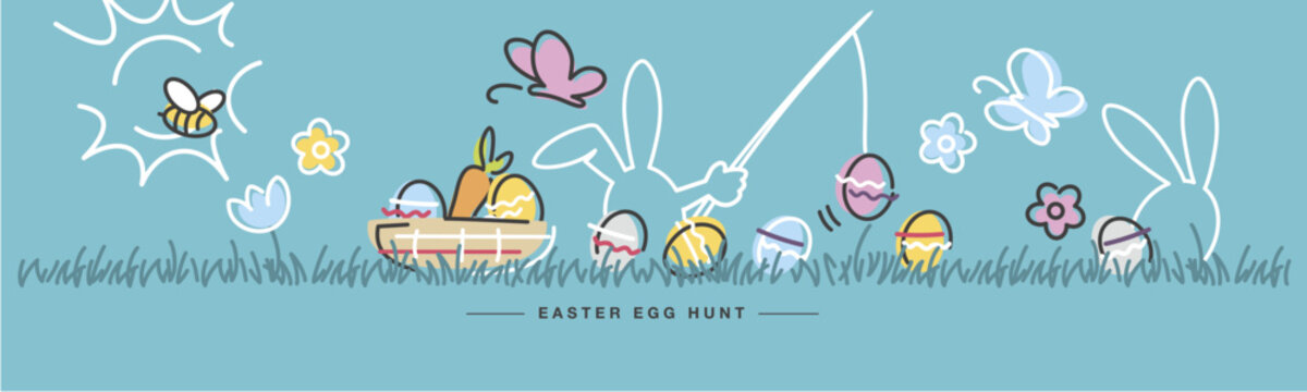 Easter egg hunt handwritten bunny fisherman, eggs, flowers, grass, butterflies, carrot, egg basket and bee on sea green background drawing in line design