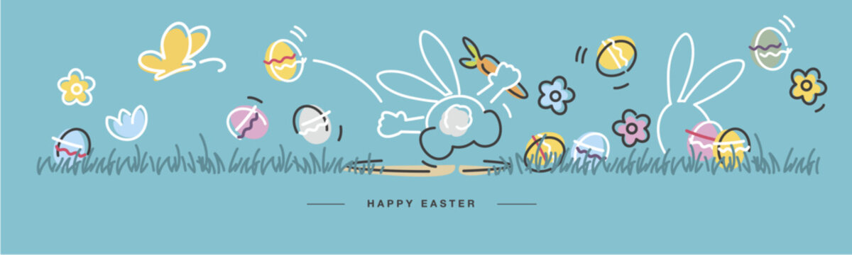 Happy Easter. Cute happy Easter bunny found a carrot. Butterfly spring flowers tulips colorful eggs in green grass. Easter egg huntsea green greeting card