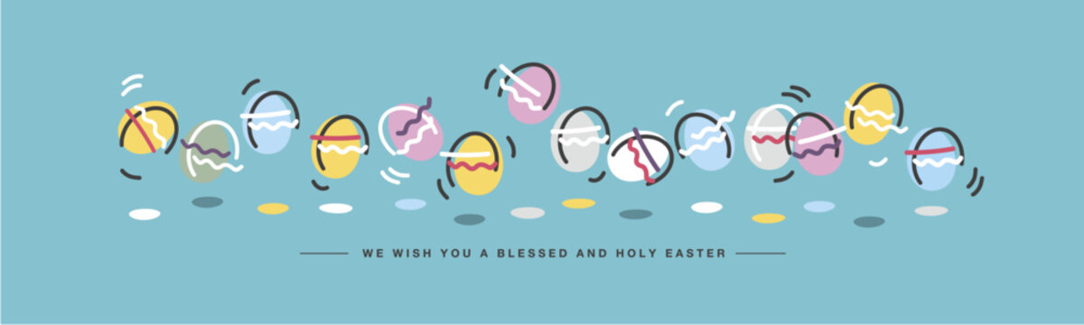 We wish you a blessed and holy Easter. Easter handwitten jumping colorful eggs line design on sea green background