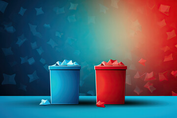 Blue and red voting boxes stand on a blue background. The concept of secrecy and integrity of elections. Generative AI