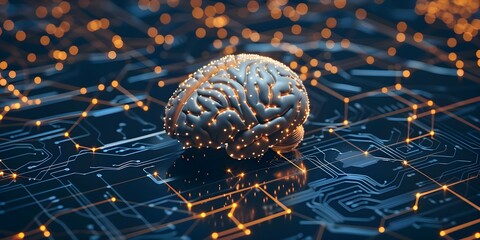 Futuristic image of brain with chip implantation symbolizing connection to artificial intelligence against global network background. Concept Futuristic Technology, Artificial Intelligence - obrazy, fototapety, plakaty