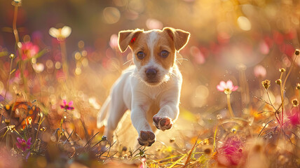 Energetic Jack Russell Terrier Puppy in Sunlit Meadow