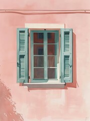 Fototapeta premium A painting depicting a window with vibrant green shutters, adding a pop of color to the buildings exterior