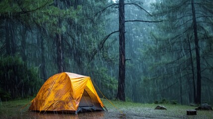 Camping tent in the rain in the pine forest - obrazy, fototapety, plakaty