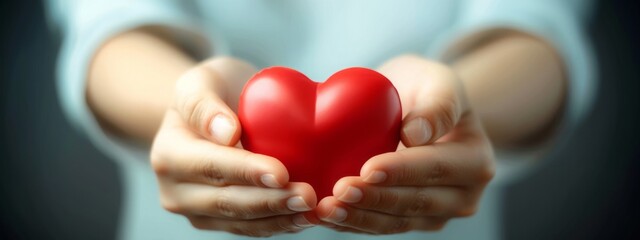 Close up of happy charity volunteer young woman hands holding red heart wishing hope or gratitude for World Hearts Day. Compliment day concept suitable for prayer and trust. - obrazy, fototapety, plakaty