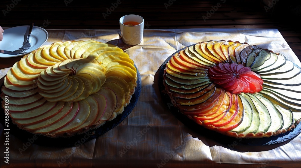 Poster a couple of pies sitting on top of a table next to a plate with a knife and fork on it.