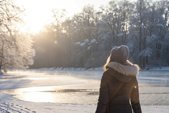 Woman walking at the frozen lake. Morning sun is peaking out from the trees