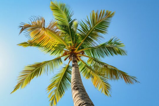 A single palm tree standing tall against a clear blue sky