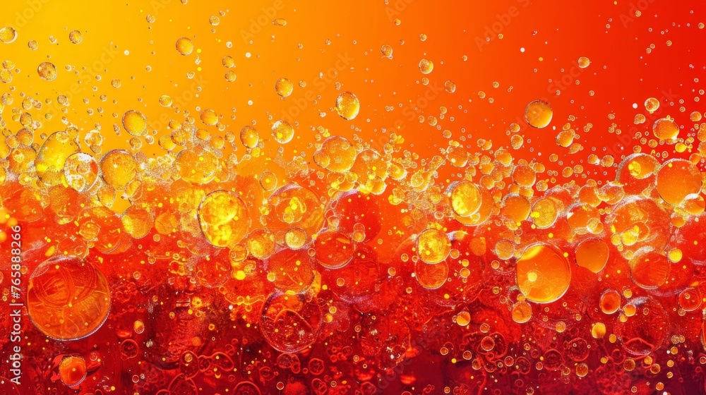 Poster a bunch of bubbles that are on top of a red and yellow background with an orange sky in the backgrou