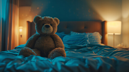 Teddy bear sitting on children's bed - obrazy, fototapety, plakaty