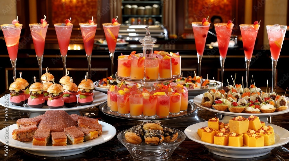 Poster a variety of appetizers and desserts are arranged on a table in front of a display of drinks and app