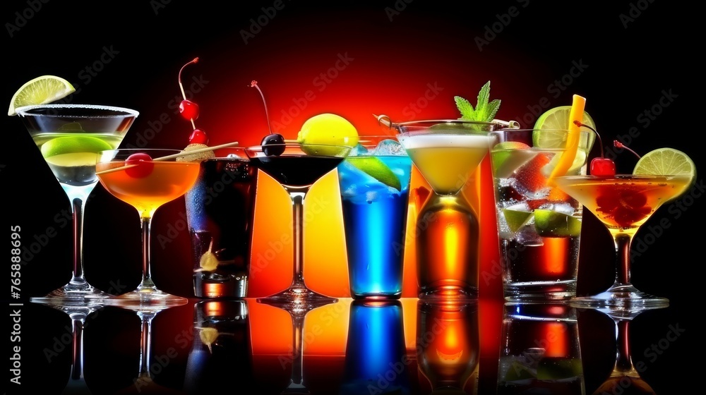 Poster a group of different types of cocktails sitting on a table next to each other on a black surface wit