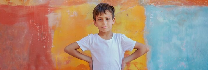 European child boy 4-6 years old in a white T-shirt without a pattern against the background of a colored wall, banner