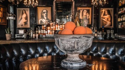  a bowl of oranges sitting on top of a table in front of a bar with pictures on the wall.