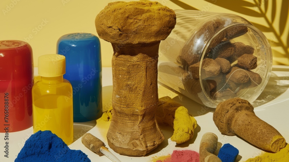 Poster a table topped with lots of different types of paint and a container filled with different types of 