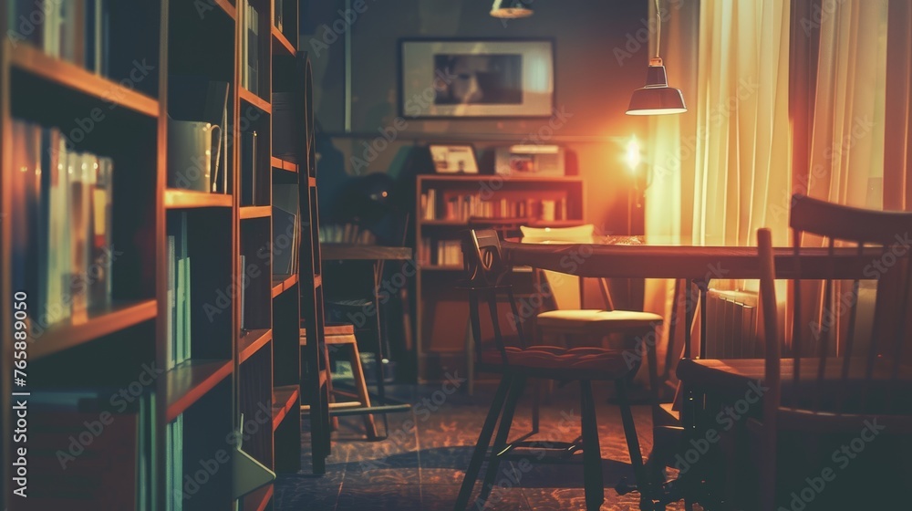 Poster a table and chairs in a room with a bookshelf full of books and a lamp hanging from the ceiling.