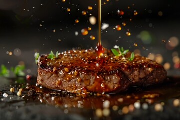Grilled beef steak in Teriyaki sauce, delicious juicy beef steak with spices and sauce close-up on a board on a dark background - obrazy, fototapety, plakaty
