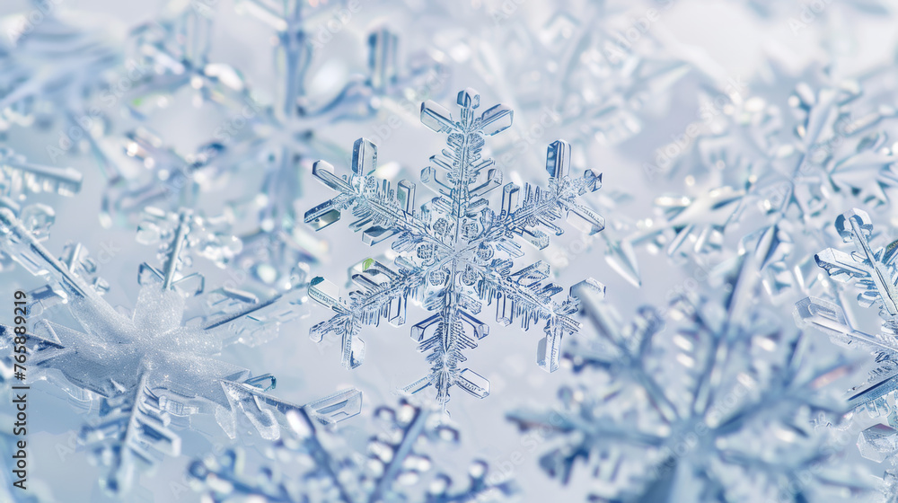 Poster delicate snowflakes with intricate designs are showcased up close, revealing the unique patterns of 