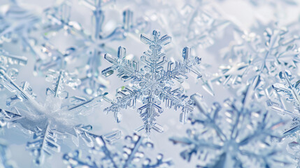 Delicate snowflakes with intricate designs are showcased up close, revealing the unique patterns of ice crystals.