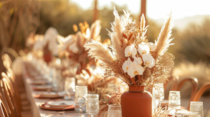 A beautifully decorated outdoor table with bouquets of orchids, dry flowers, pampas grass  luxury...