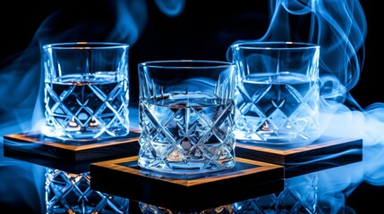  a set of three glasses sitting on top of a wooden table covered in blue and white smoke and smokestacks.