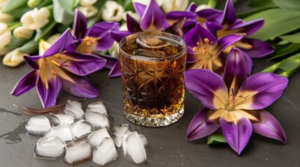 Obraz na płótnie Canvas a glass of whiskey with ice cubes next to it on a table with purple flowers and tulips.
