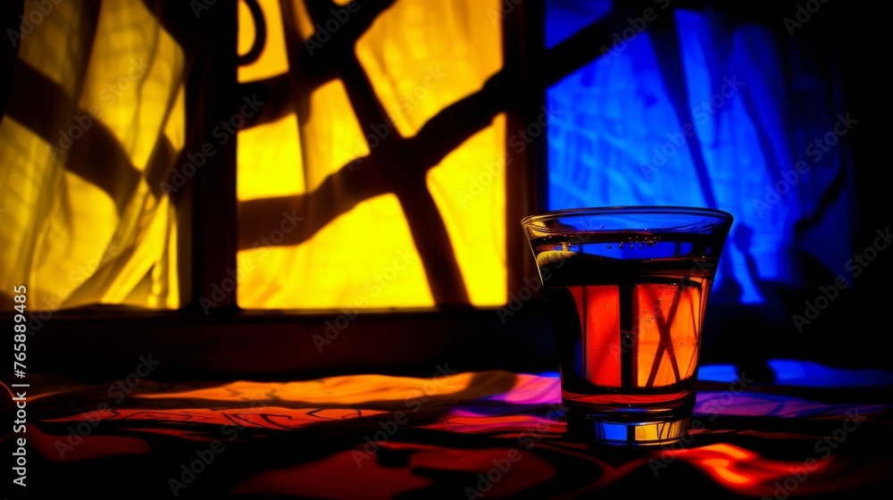 Poster a glass of water sitting in front of a window with a shadow of a cross on the window sill.