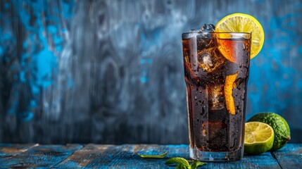  a glass of soda with a slice of lemon and mint on a wooden table with a blue wall in the background. - obrazy, fototapety, plakaty