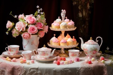 Obraz na płótnie Canvas Charming scene featuring a Coquette aesthetic-inspired tea party, complete with dainty china, blooming roses, and whimsical pastries, evoking a sense of nostalgia and elegance.