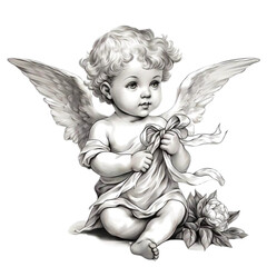 Cute Hand Drawn Cherubs Cupids clipart, Fine line art angel illustrations, Cherubs art wedding card